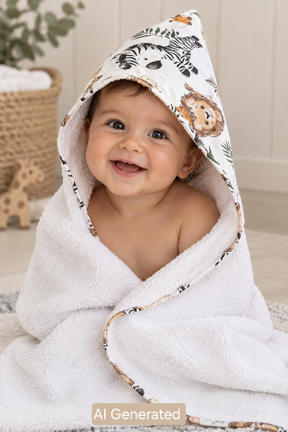 Illustrated image of a baby wearing a Baby Bath Towel