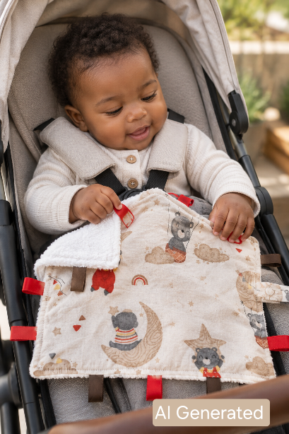 Illustrated picture of a baby holding a Taglet Security Blanket