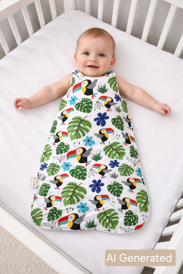 Illustrated image of a baby in a muslin sleep sack