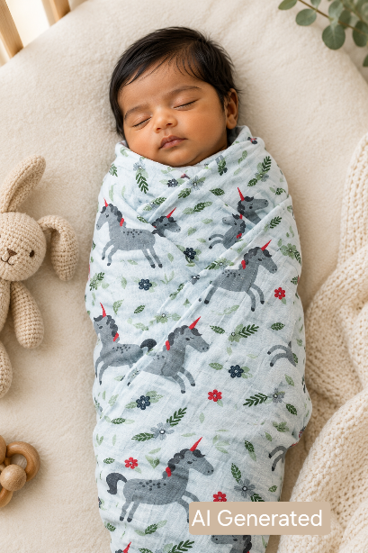 Illustrated image of a baby in Muslin Swaddle Blanket