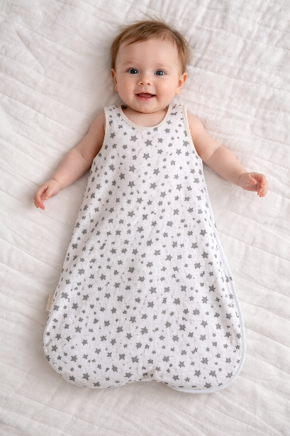 Illustrated image of a baby in a fleece sleep sack