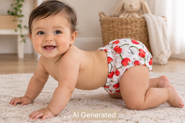 Illustrated image of a baby wearing a Nappy Covers
