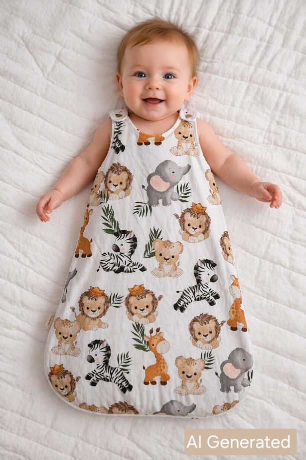 Illustrated image of a baby in a fleece sleep sack